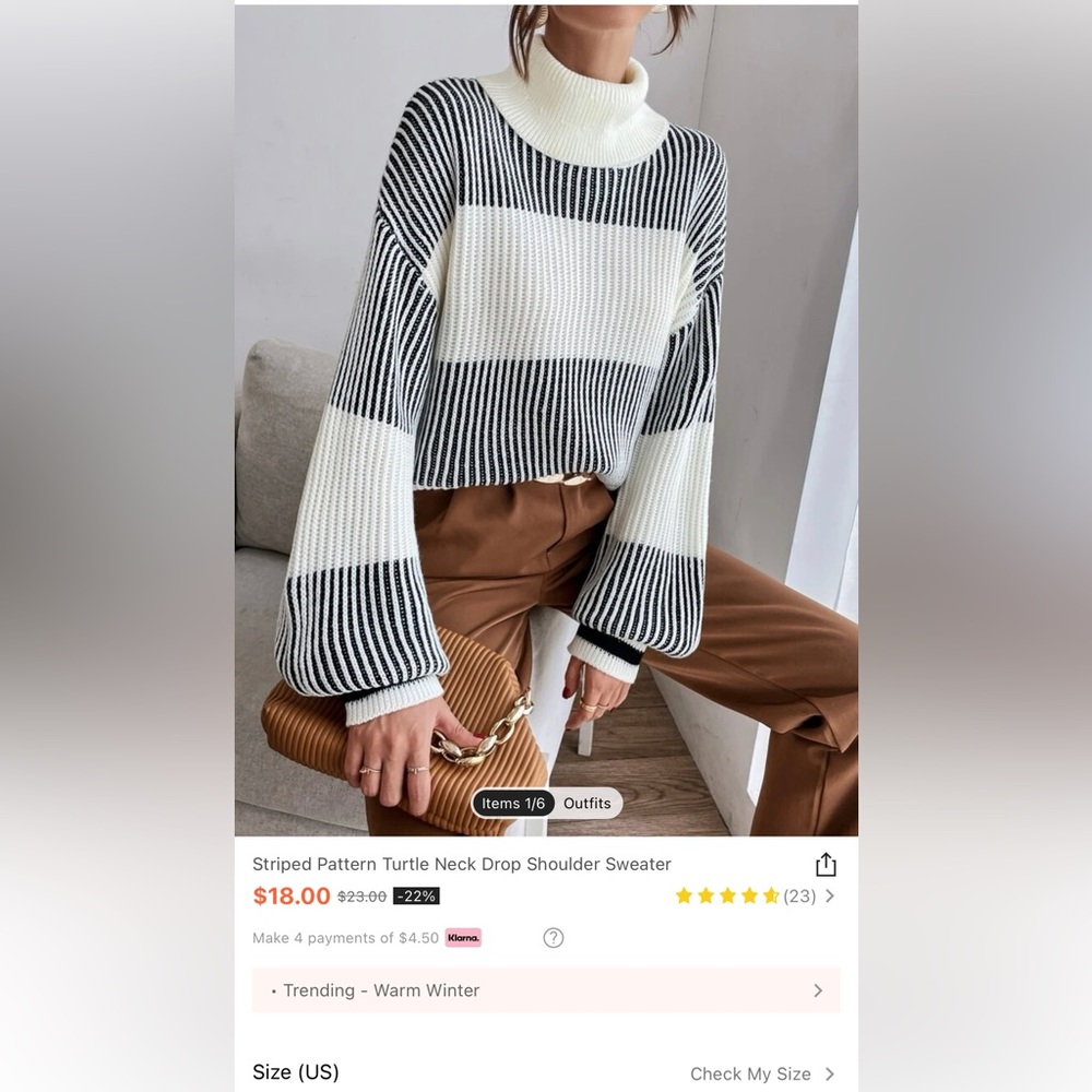 Striped Pattern Turtle Neck Drop Shoulder Sweater
